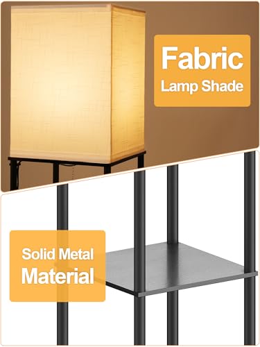 Black Floor Lamp with Shelves for Living Room and Bedroom, 3 CCT LED Bulb, Corner Organizer Tower