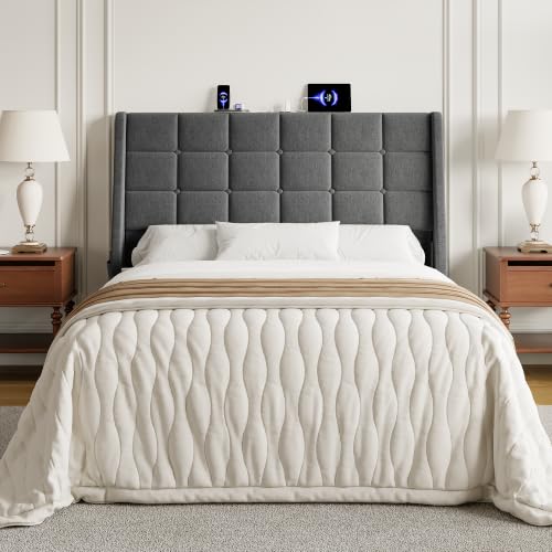 Full Size Upholstered Headboard with Charging Station & Storage Pockets