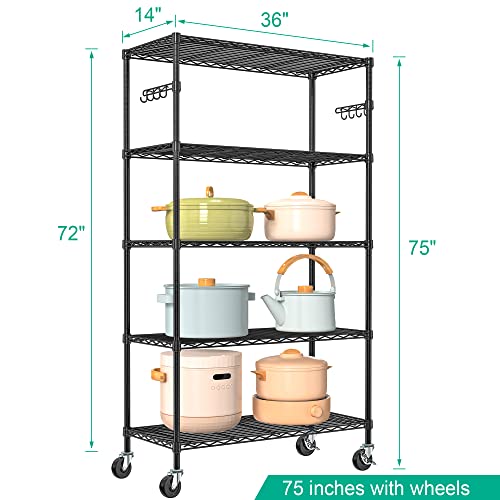 5-Tier Rolling Storage Shelf with Wheels - Metal Wire Shelving Unit