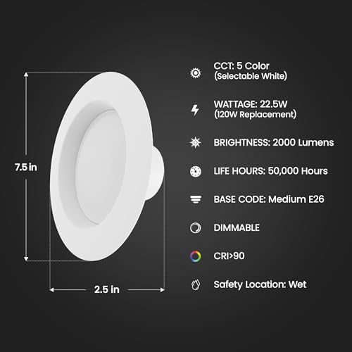 Feit Electric 6-Pack 5/6in LED Recessed Downlight Retrofit Kits, 120W Equiv, Dimmable, Adjustable White 2700K-5000K