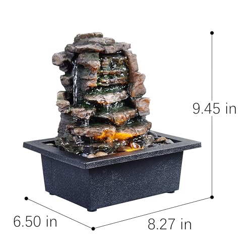 GOSSI Meditation Waterfall Fountain with LED Lights - Black Indoor Tabletop Relaxation Decor