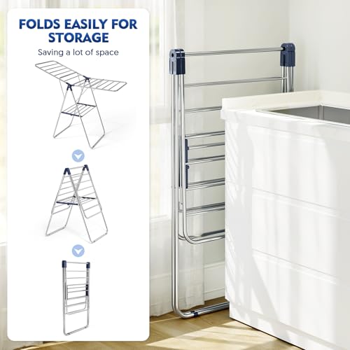 Blue Large Stainless Steel Clothes Drying Rack with 2 Wings - Adjustable & Foldable