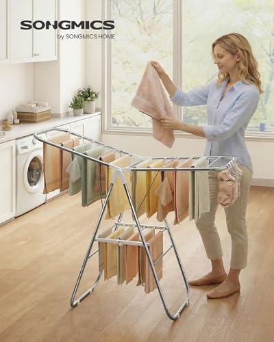 SONGMICS Foldable Metal Clothes Drying Rack White 51.2" W x 39" H, Adjustable Wings, Heavy Duty, Space-Saving Laundry Organizer