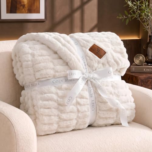 Cream White Faux Fur Throw Blanket - Double-Sided 50x60 Inches - Cozy Bliss