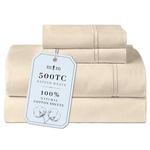 Queen Size Cotton Sateen Bed Sheet Set - 500 TC Cream Beige - 4 Pieces