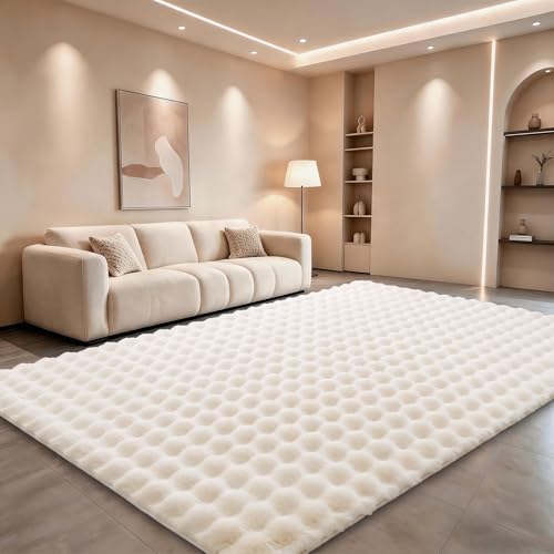 Creamy White Rabbit Plush Rug 6x9 ft Fluffy Faux Fur Area Rug for Nursery Kids Room