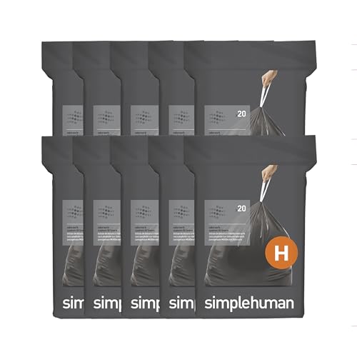 simplehuman Code H Odorsorb® Custom Fit Trash Bags 200 Count, Odor-Absorbing, Extra Thick, Drawstring, 30-35L Pack of 1