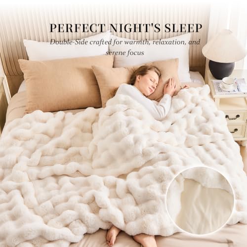 IKALIFE Cozy Bubble Faux Fur Throw Blanket - Cream, 50x60 Inches