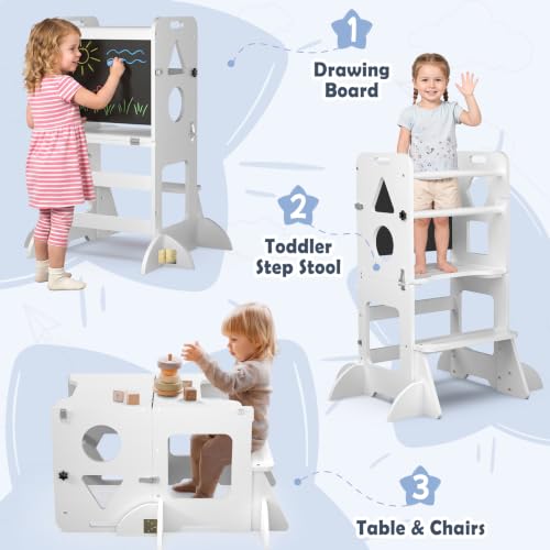 White Toddler Standing Tower with Blackboard & Safety Bar - Wooden Kitchen Helper