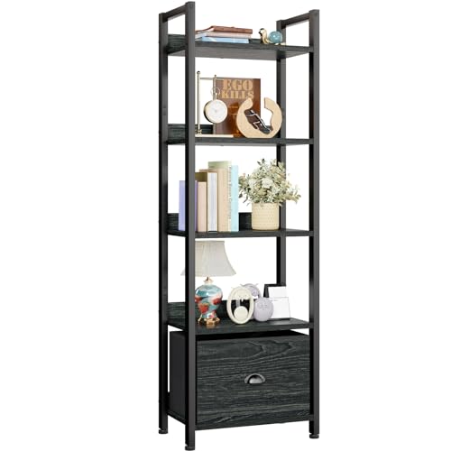 Furologee Black Oak 5-Tier Narrow Bookshelf with Drawer - Tall Storage Rack