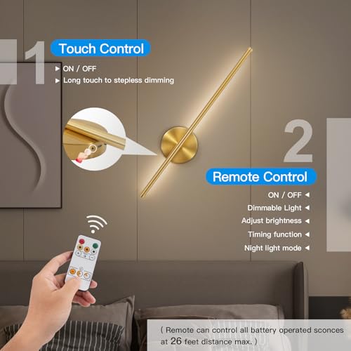 Gold Battery Operated Wall Sconces Set of Two - 24 Inch Wireless Modern Lighting