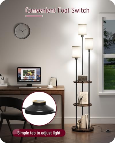 AZADESJET Walnut and Beige 66.1'' Modern Floor Lamp with Shelves & Linen Shades