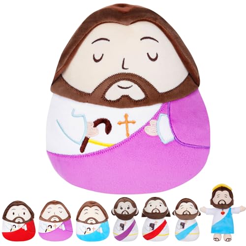 Jesus Plush Pillow Stuffed Animal - Jesus Doll with Cross Prayer Staff Perfect Christian Easter Gifts for Kids Adults Purple 10 Inch