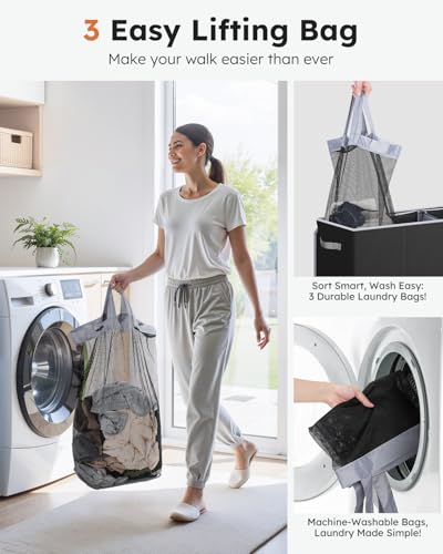 SOLEDI Large 180L 3-Section Laundry Hamper with Removable Mesh Bags, Black