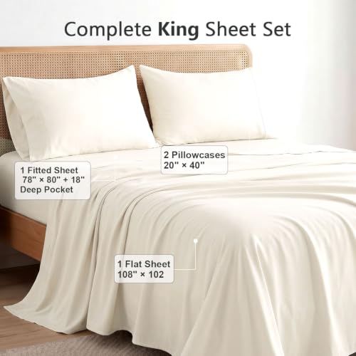 QUTOOL Bamboo Viscose King Bed Sheets Set Ivory 4PC Cooling Luxury Bedding