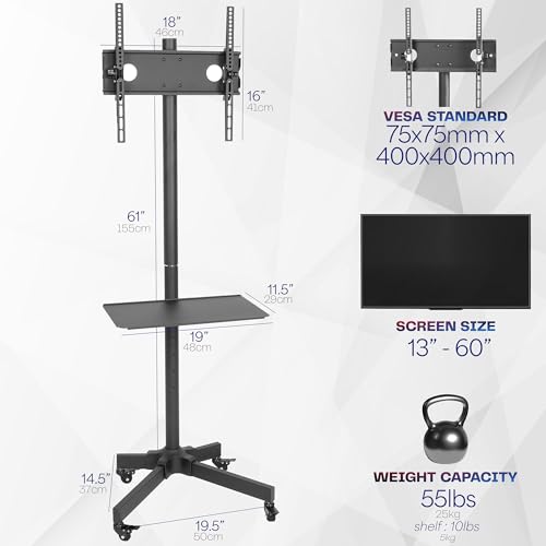 VIVO TV Cart for 13-60 Inch Flat & Curved Screens Max 55 lbs, Locking Casters, Adjustable Height, Shelf, Black, STAND-TV04M