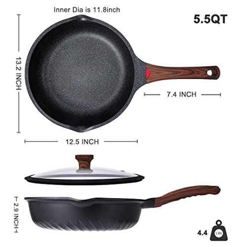 Nonstick Deep Frying Pan with Lid - 12 Inch, 5.5 Qt, Ceramic Coating, Heat Indicator, Induction Compatible