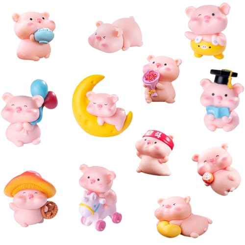 Pink Pig Figure Animal Toys Set Cake Topper, Micro Landscape Decor Fairy Garden Miniature Pig Figurines Collection Playset for Christmas Birthday Gift Desk Decorations(12pcs)