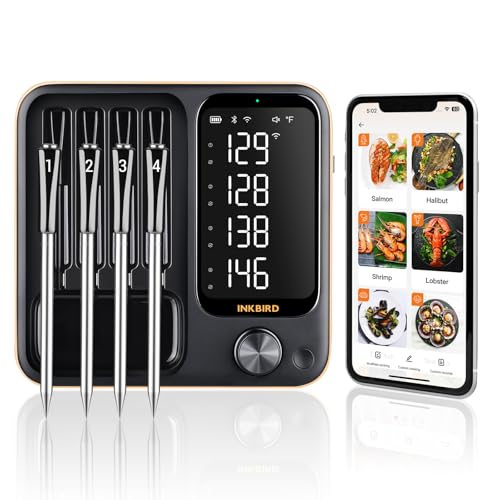 Wireless Meat Thermometer with 4 Probes, WiFi & Bluetooth, LCD Display, Waterproof, Black