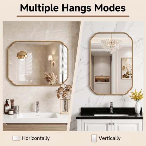 Gold Scalloped Bathroom Mirror - 36x24 Inch Rust-Proof Metal Frame - Variation: Gold / 36"L x 24"W