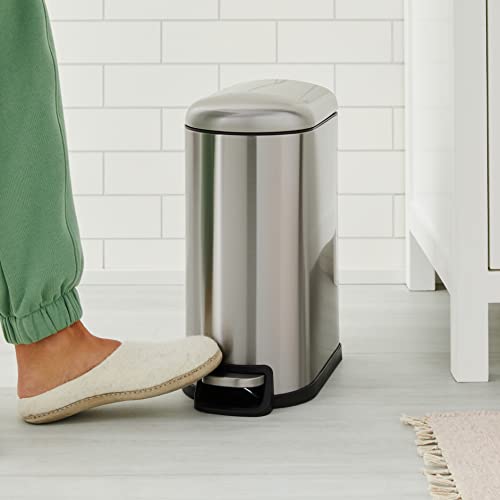Small Trash Can with Soft-Close Pedal, Removable Inner Bucket, Silver - 2.6 Gallon Narrow