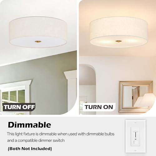 Bagood 16 Inch Gold Drum Flush Mount Ceiling Light Fixture with Fabric Shade - Dimmable Modern Living Room, Bedroom, Hallway Lighting