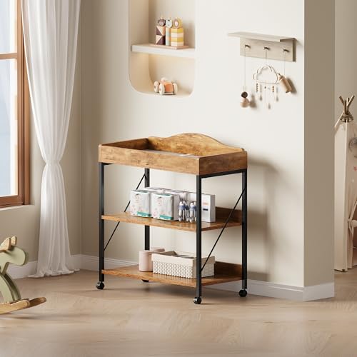 Baby Changing Table with Pad - Rustic Brown 2-Tier Diaper Station, Portable & Safe
