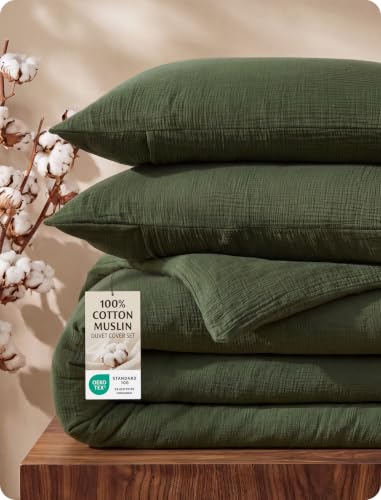 Bedsure Cotton Muslin Duvet Cover Set Queen Olive Green No Comforter