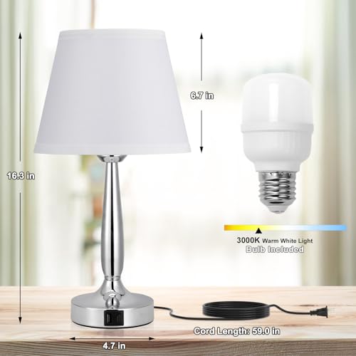 Kakanuo Silver Touch Bedside Table Lamp with USB & 3-Way Dimmable Light - White & Silver