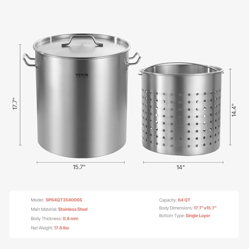 VEVOR 63.9 Quart Stainless Steel Stockpot with Basket & Lid - Large Capacity Commercial Cookware