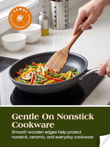 11-Piece Wooden Kitchen Utensil Set with Stainless Steel Holder - Teak Wood Nonstick Cookware Tools
