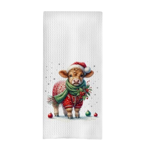 GCFET Christmas Highland Cow Towels - Highland Cow Gift Set, Waffle Kitchen & Bathroom Decor, 16x24 Inches - Highland Cow-04