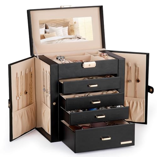 Large Jewelry Box for Women with Lock - 5-Layer Organizer, Black & Gold
