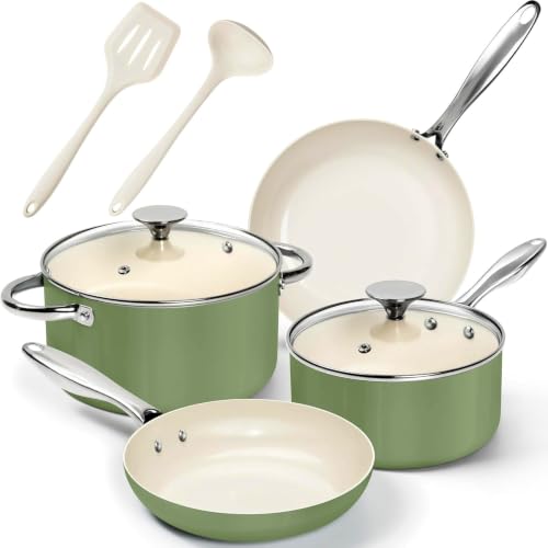 MICHELANGELO Green Ceramic Non-Stick Cookware Set 8-Piece