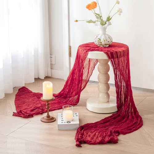 Sioloc Burgundy Cheesecloth Table Runner 10ft 5pc Set — Rustic Boho Wedding Decor
