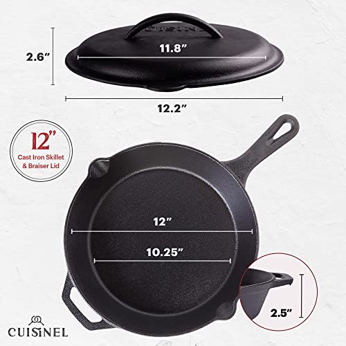 Cuisinel 12-inch Cast Iron Skillet with Lid - Pre-Seasoned Frying Pan Set with Silicone Handles & Lid Holders