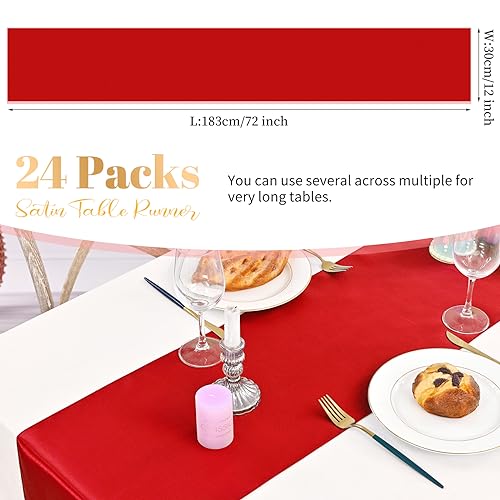 24 Pcs Red Satin Table Runner 12x72in - Wedding & Party Linen, Spliceable Set