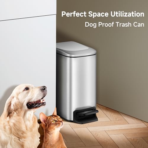 TIPGO Small Bathroom Trash Can with Lid - 1.6 Gallon, Silver, Soft Close
