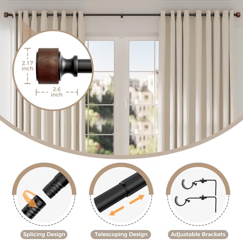 30-88 Inch Wood Curtain Rods Set - Imitation Wood Grain Finials, Adjustable Heavy Duty 2 Pack