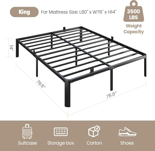 King Size Heavy Duty Metal Bed Frame - 14 Inch Noise-Free Platform Bed with Storage - Variation of THIS listing