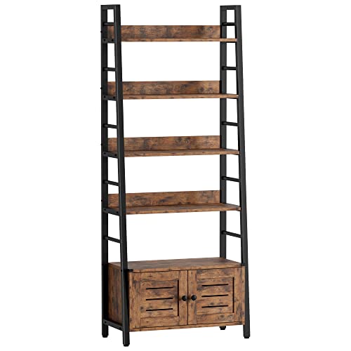 4-Tier Ladder Bookcase with Louvered Doors - Rustic Brown, Sturdy & Space-Saving