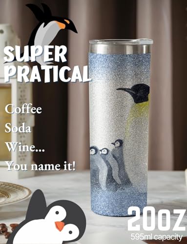 Onebttl Glitter 20oz Penguin Tumbler with Lid & Straw – Insulated Stainless Steel, Watercolor Penguins