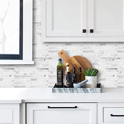 Faux Stone Peel and Stick Backsplash Tiles - White Marble Look, 20 Sheets with Silver Metal Accents, 11.7x5.9in, Easy DIY Wall Covering