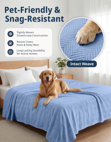 Queen Size Cotton Blanket - Textured Herringbone Weave, Light Blue