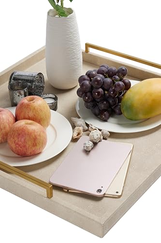 24x24 Inch Oversized Ivory Shagreen Leather Ottoman Tray with Gold Handles – Large Decorative Serving & Coffee Table Tray (Variation: Ivory-Gold Handle)