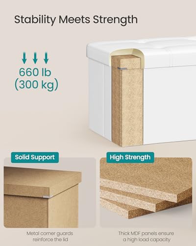 SONGMICS 43.3-Inch Foldable Storage Ottoman Bench White without Flipping Lid