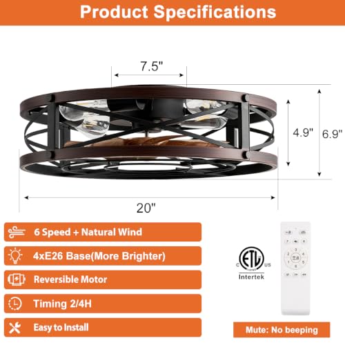 SHLUCE Black & Brown 20 Inch Caged Ceiling Fan with Light & Remote