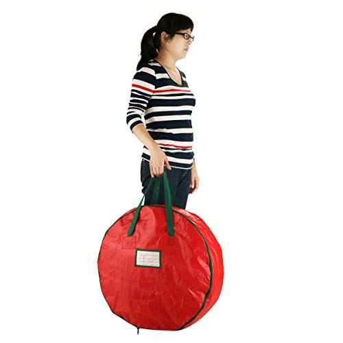 Wreath Storage Bag - 24-inch Organizer for Artificial Christmas Wreaths and Garland - Holiday Themed Tote with Green Handles by Tiny Tim Totes (Red)