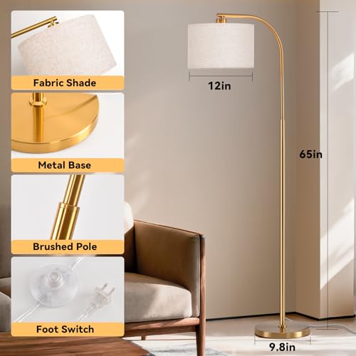 Gold Floor Lamp for Living Room & Bedroom - 65'' Modern Standing Lamp with Fabric Shade & 3-Color LED Bulb - Gold Linen Variation