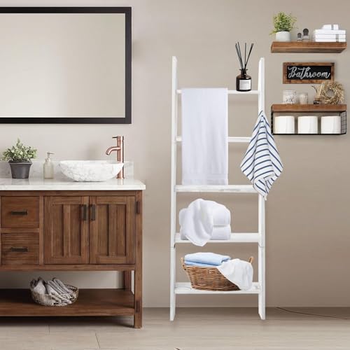 Whitewashed 5-Tier Blanket Ladder for Living Room - 51.9" Farmhouse Decor